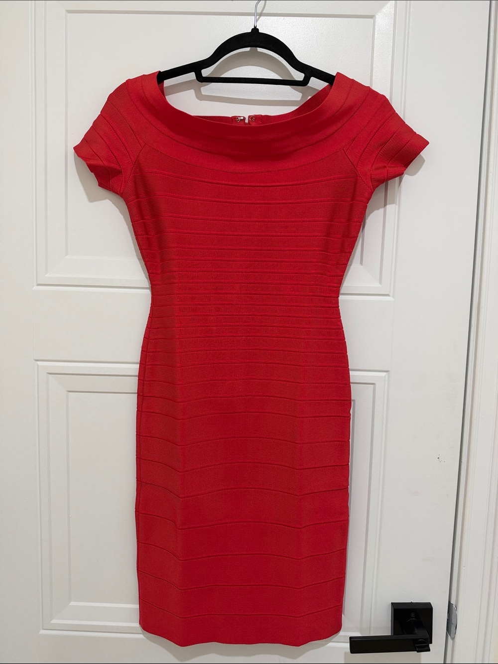 Herve Leger Red Boatneck Midi Bandage Dress
